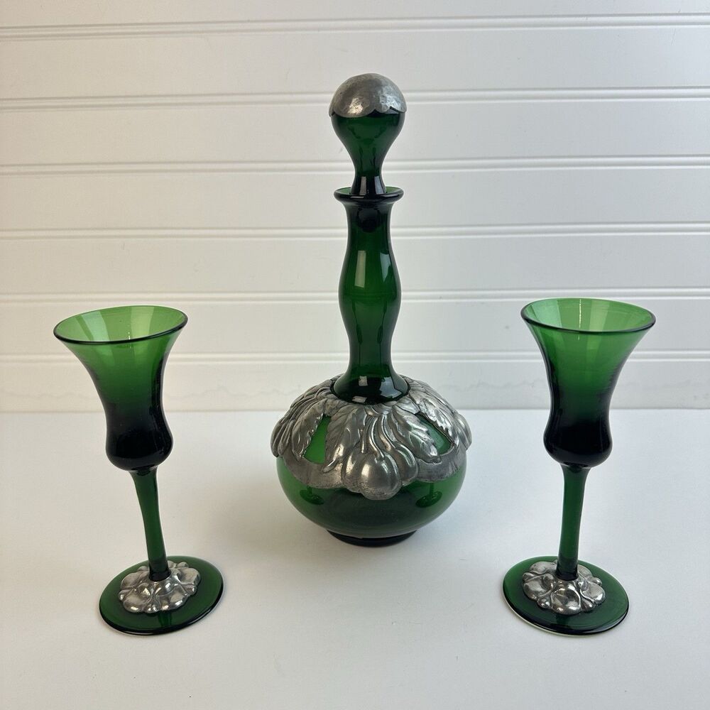 Green Genie Bottle Decanter 2 Glasses Pewter Cherry Overlay MCM Barware Vintage